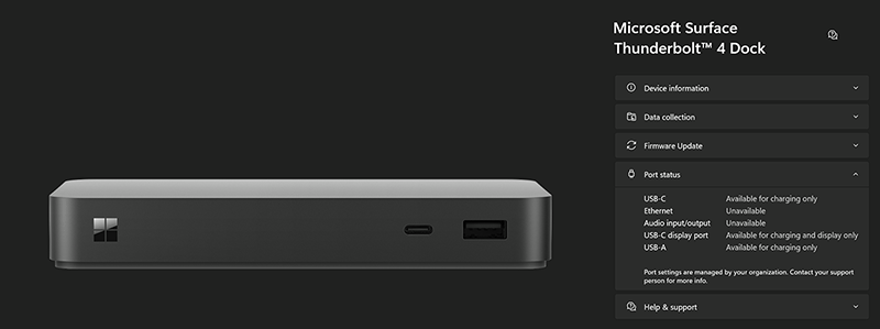 Surface Thunderbolt 4 Dock에서 인증되지 않은 사용자에 대해 해제된 포트를 보여 주는 Surface 앱을 보여 주는 스크린샷