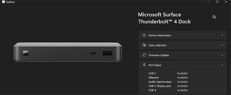 Surface Dock 2에서 인증된 사용자가 사용할 수 있는 모든 포트를 보여 주는 Surface 앱을 보여 주는 스크린샷