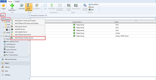 VMware vCenter 추가 옵션을 보여 주는 스크린샷