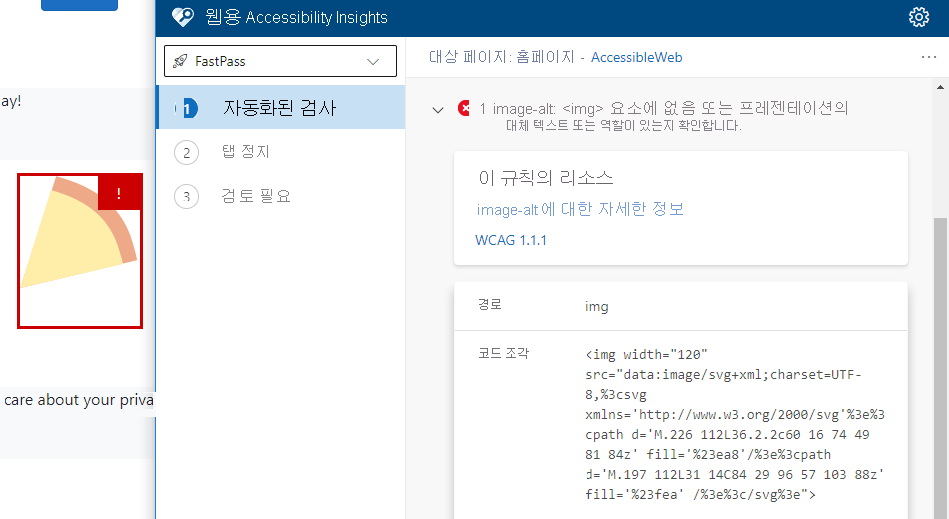 Screenshot of Accessibility Insights for Web that shows an error about missing alt text for an image.