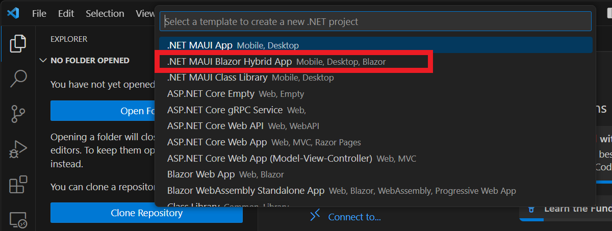 Visual Studio Code 새 프로젝트 만들기 화면 및 .NET MAUI Blazor 앱 템플릿의 스크린샷.
