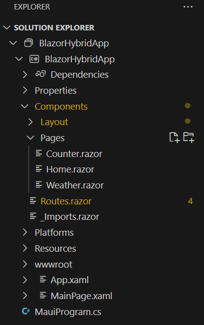.NET MAUI Blazor 프로젝트의 파일 목록이 있는 Visual Studio Code 솔루션 탐색기의 스크린샷.