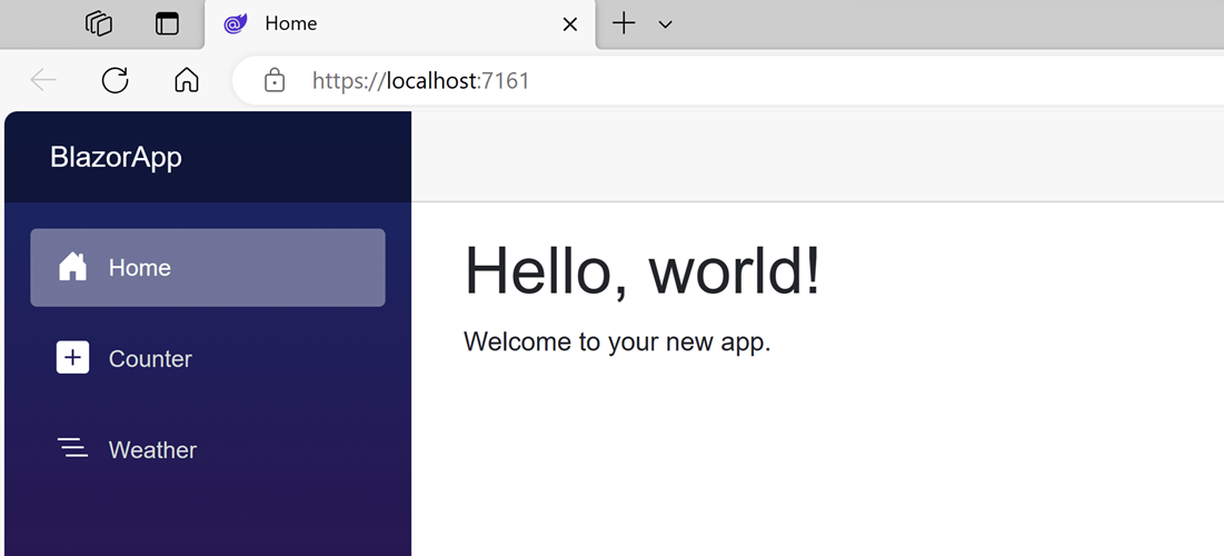 Screenshot showing the default Blazor app running in a browser.