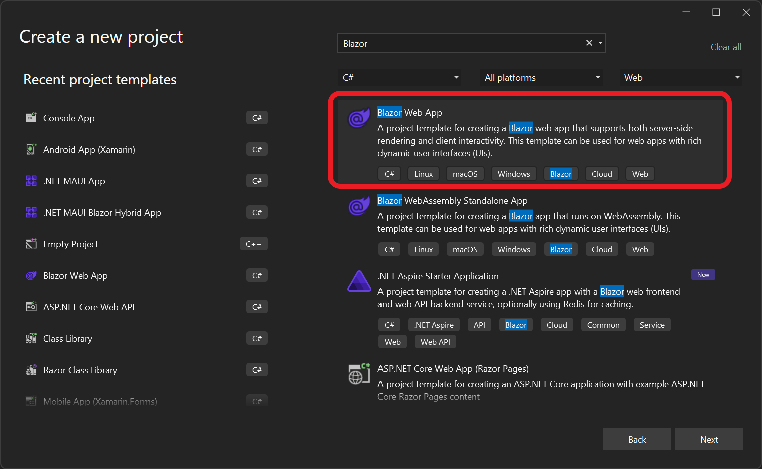 Screenshot of Visual Studio 2022 'Create New Project' screen and the Blazor template.