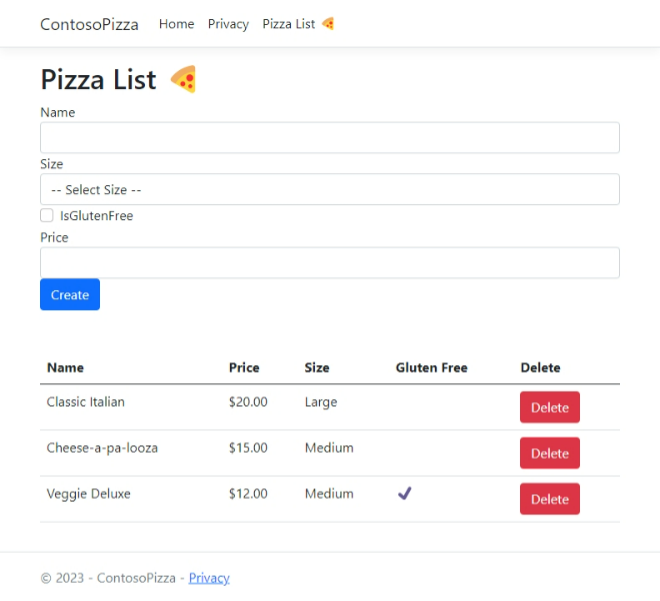 새 피자 양식이 있는 PizzaList 페이지 스크린샷