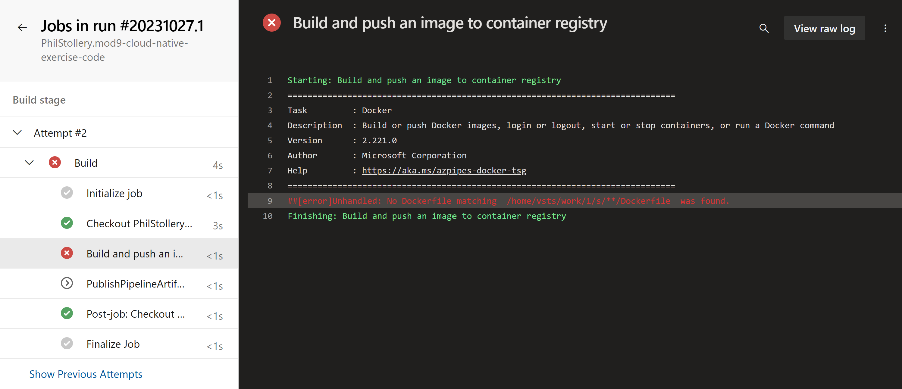 A screenshot of the build stage in a pipeline that has failed.