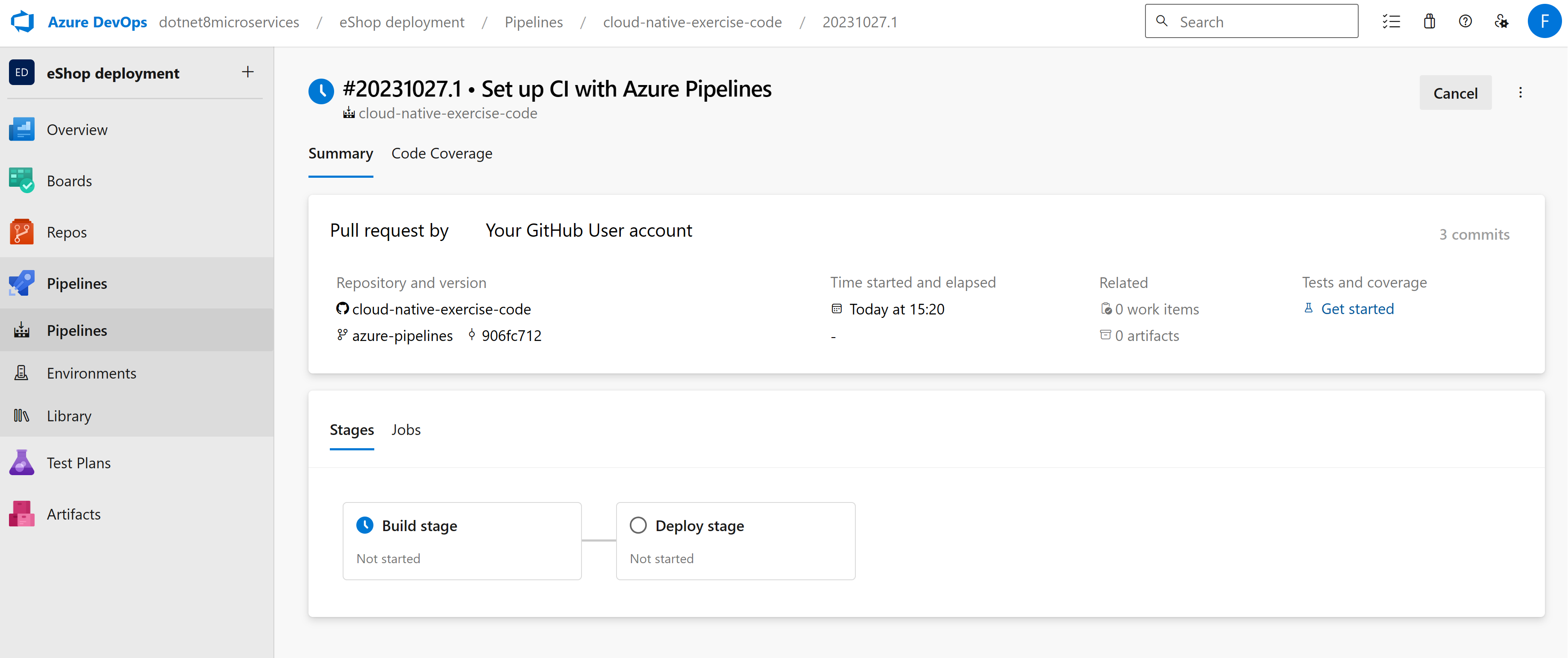 A screenshot showing the status of an Azure Pipeline.