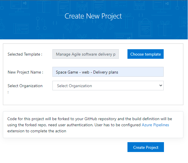 Screenshot of creating a project through the Azure DevOps Demo Generator.