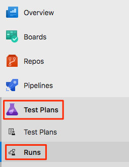 A screenshot of Azure DevOps navigation menu with Test Plans section and Runs tab highlighted.