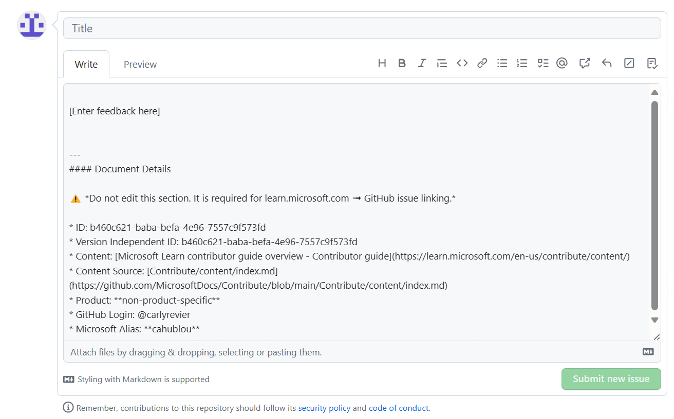 Screenshot of a blank GitHub issues form to submit feedback on a documentation article.