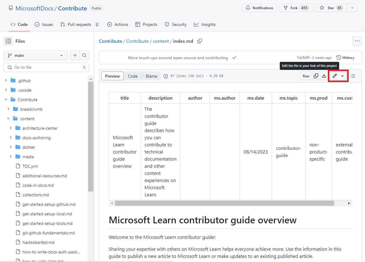 브라우저에 열려 있고 편집 아이콘이 강조 표시된 Contribute 문서 원본 파일의 스크린샷.