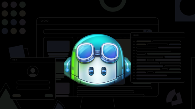 검은색 백그라운드의 GitHub Copilot 아이콘의 메탈릭 버전 다이어그램.