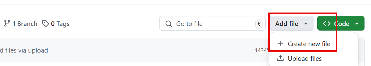 화면 오른쪽에 파일 추가 단추가 있는 빨간색으로 강조 표시된 새 리포지토리에 파일을 추가하는 옵션의 스크린샷.