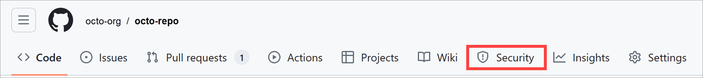 GitHub에서 보안 탭을 찾을 위치를 보여 주는 스크린샷