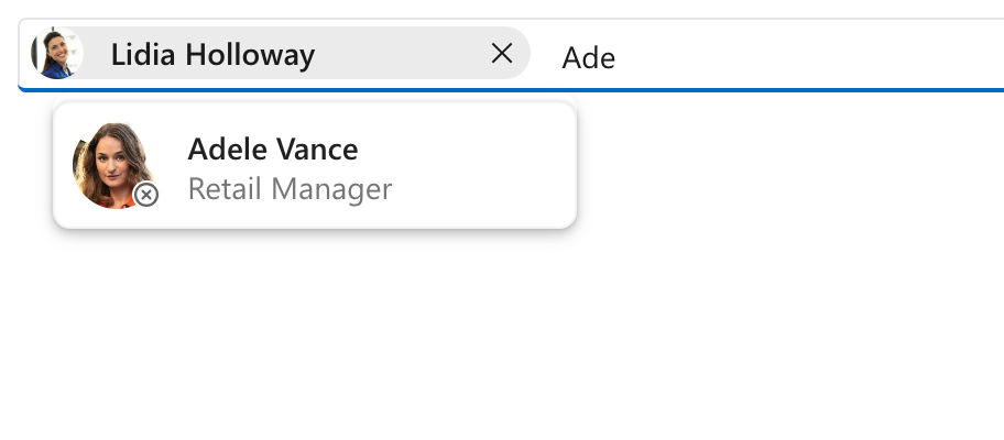 Microsoft Graph 도구 키트의 인물 선택기 구성 요소에 대한 간략한 애니메이션입니다.
