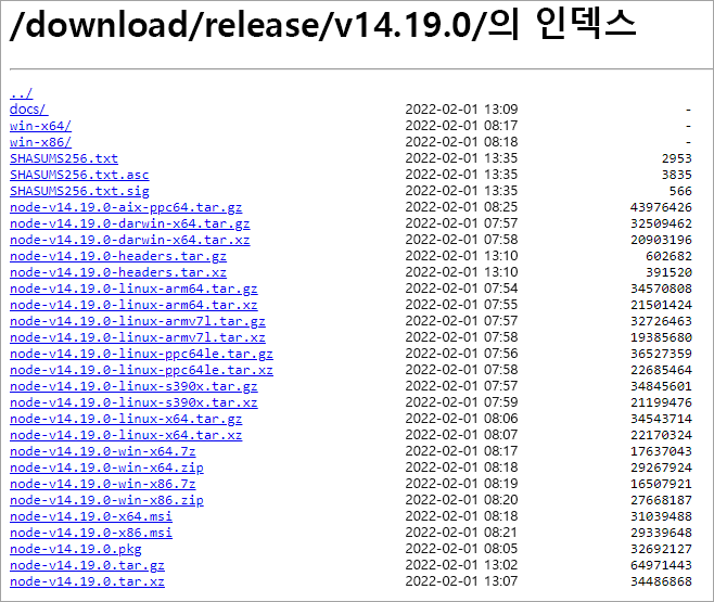 Node.js 16.x 페이지의 스크린샷