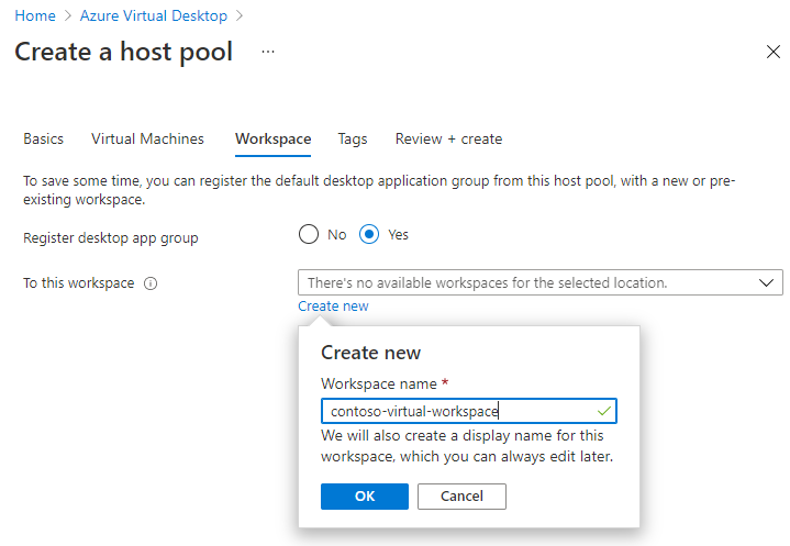 새 작업 영역을 생성하는 방법을 보여 주는 작업 영역 탭의 스크린샷.