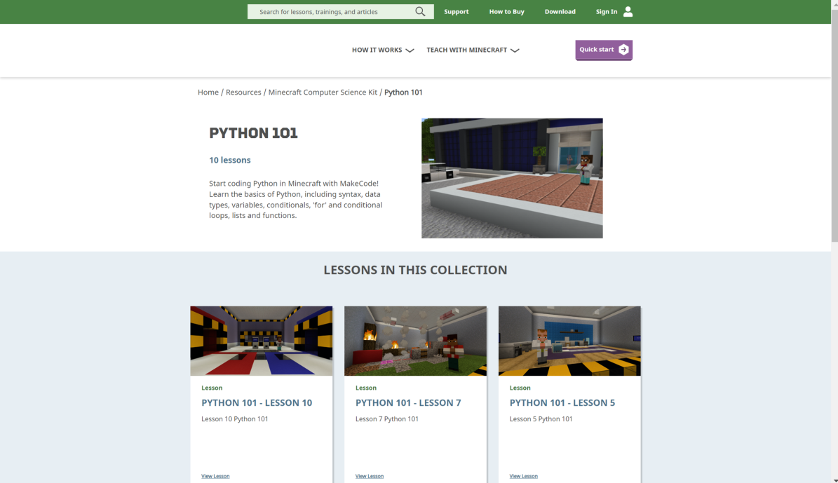 Screenshot of the Minecraft website featuring Python 101 content.