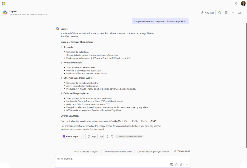 프롬프트가 있는 Copilot Chat 생성된 텍스트 응답의 스크린샷: 셀룰러 호흡 프로세스를 알려줄 수 있나요?