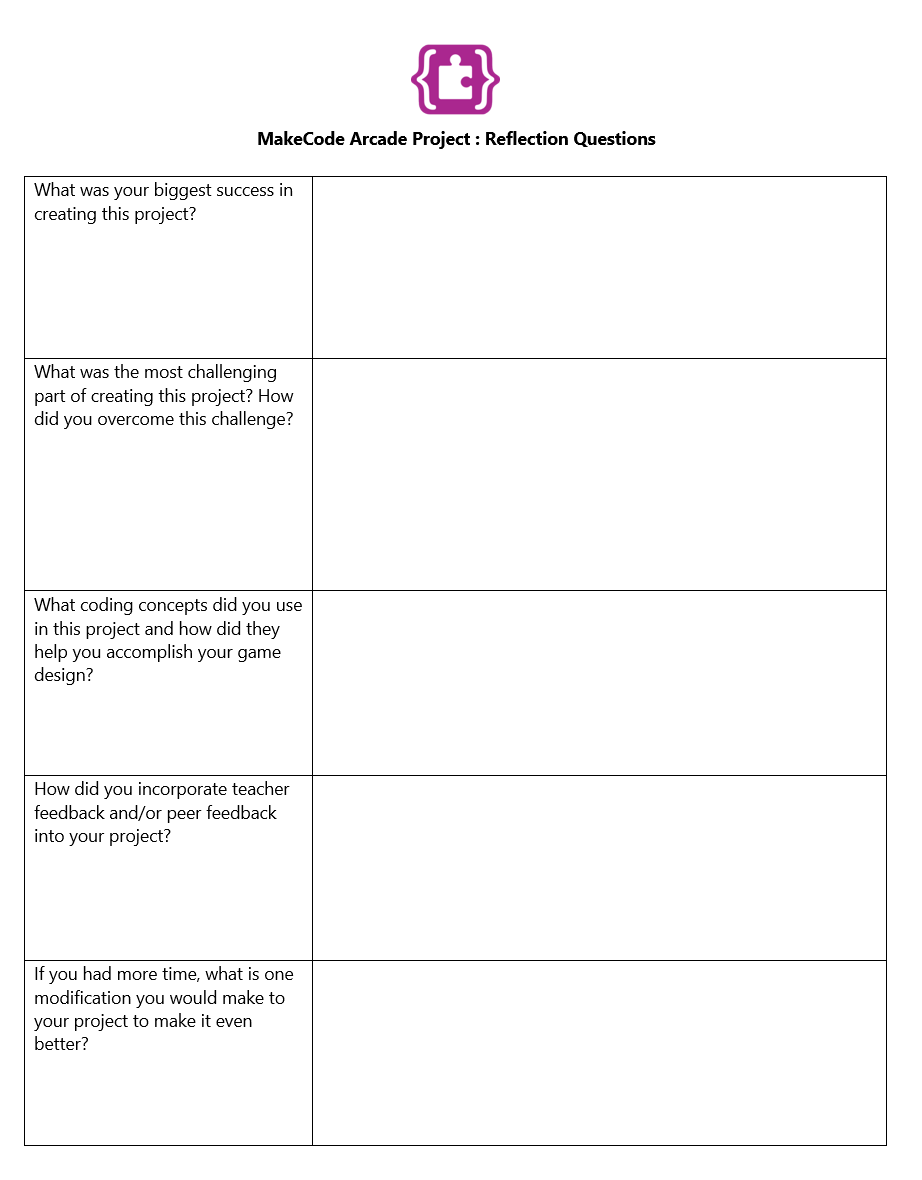 MakeCode 프로젝트 리플렉션 질문의 일러스트레이션.