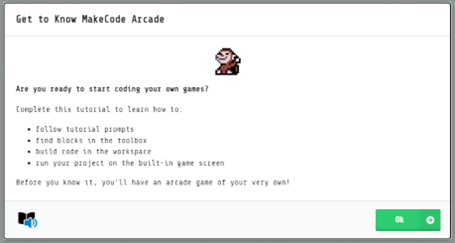 MakeCode 아케이드 자습서 화면의 스크린샷.