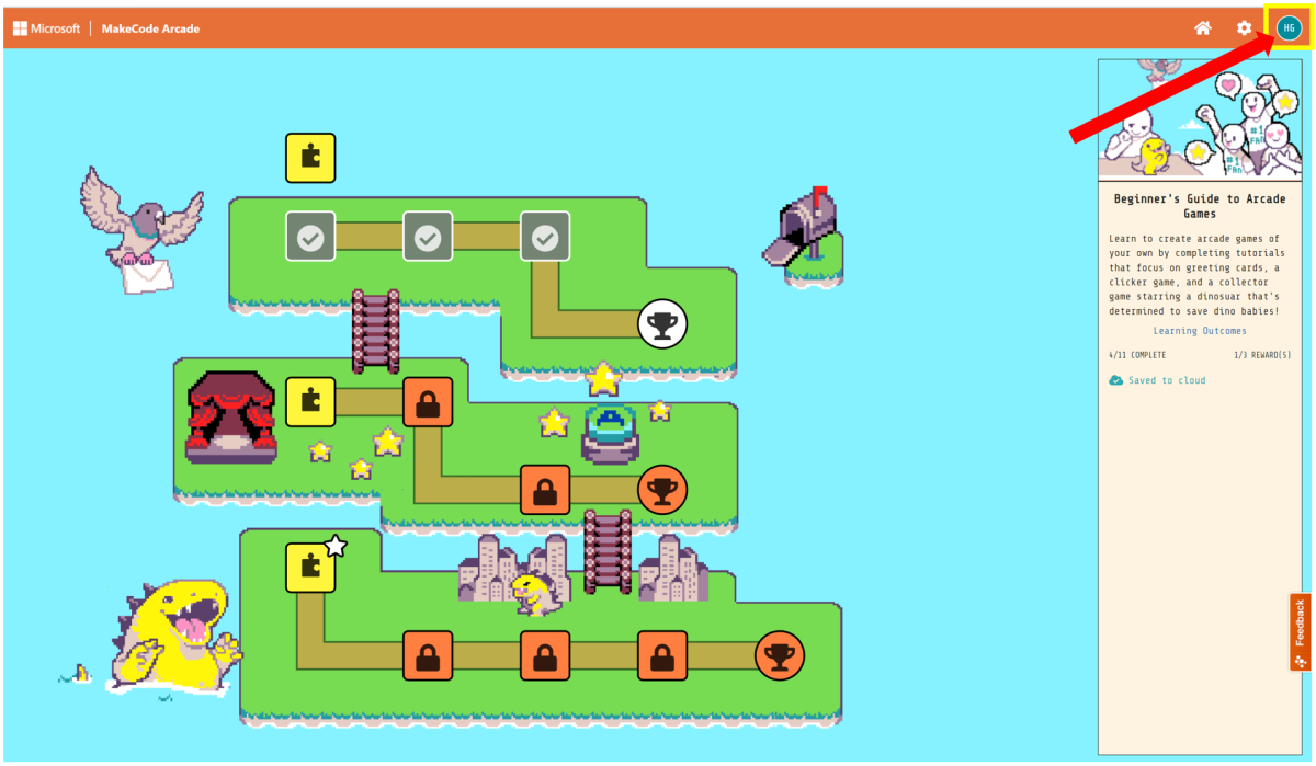 MakeCode Arcade에 성공적으로 로그인한 것을 보여 주는 스크린샷