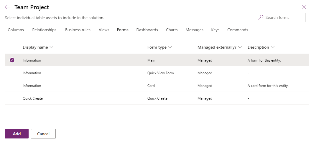 Screenshot of the add component window.