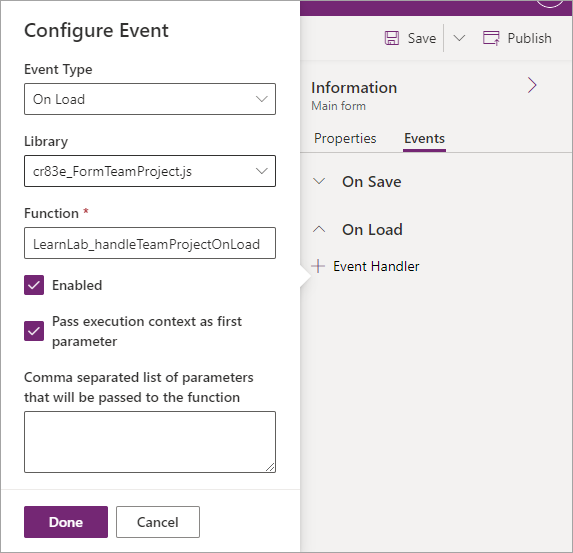 Screenshot showing the Configure Event dialog.