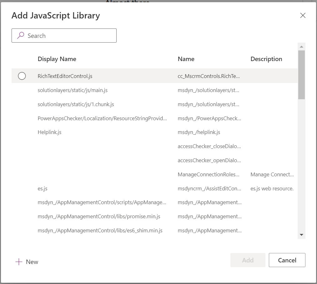 Screenshot of the add library dialog showing you can either associate an existing uploaded script web resource or create a new one.