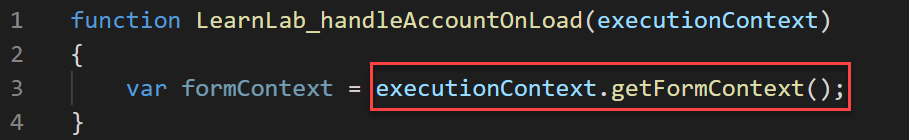 Screenshot of function using the execution context to get the form context.