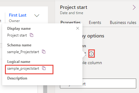 Screenshot of the information button with the logical name displayed.