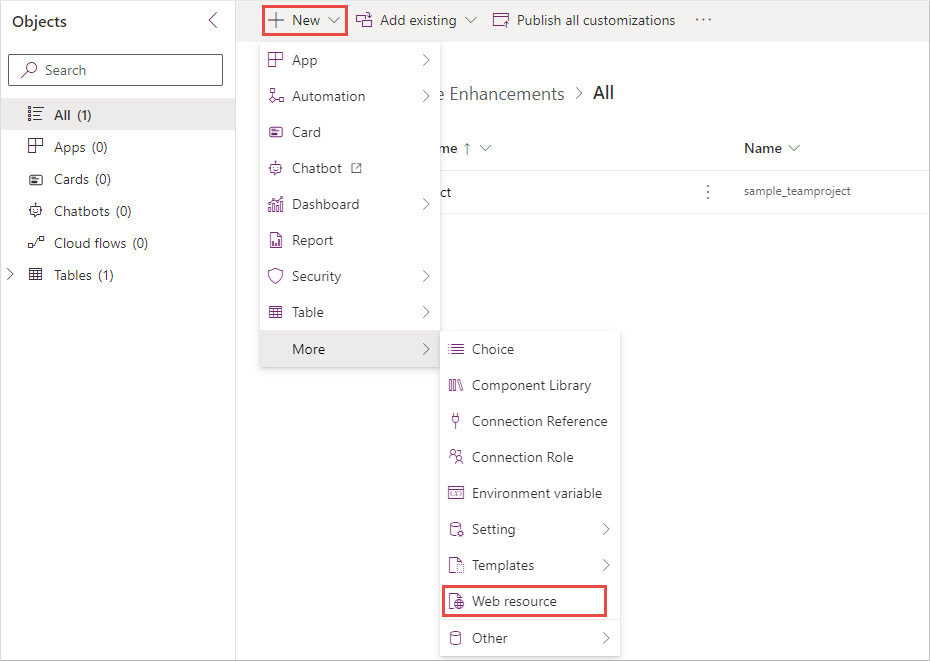 Screenshot of the add new web resource button.