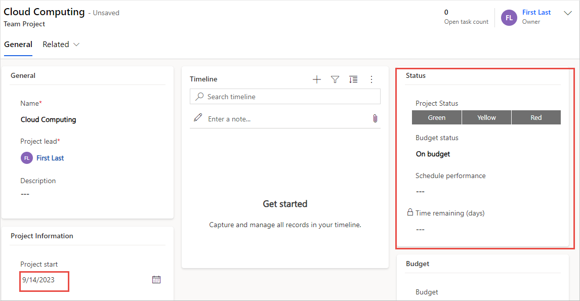 Screenshot of the project start value set to today with the status section visible.