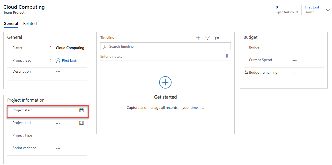 Screenshot of empty project start column and hidden status section.