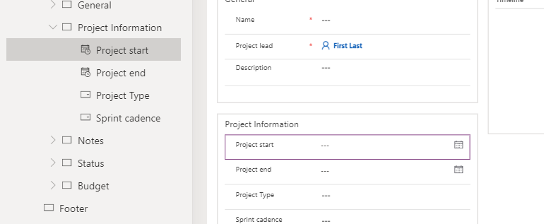 Screenshot of the project start column.