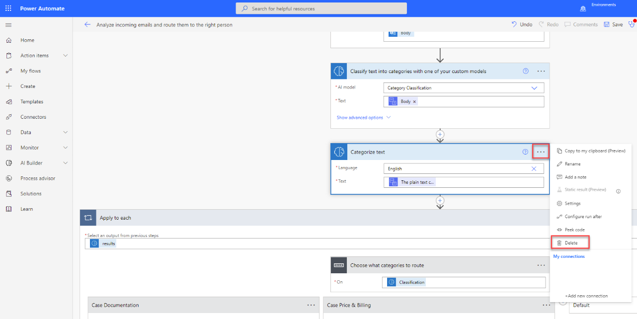Screenshot of the selected flow in Power Automate Studio with a highlight on the Delete option for the original Categorize text action.