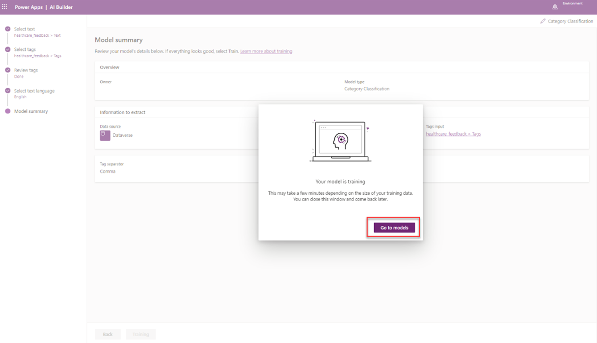 Screenshot of the Category Classification model in Power Apps Studio with a pop-up window indicating that the model is training and a highlight on the Go to models option.