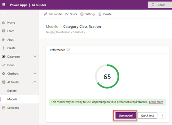Screenshot of the Category Classification model in Power Apps Studio with a performance indicator and a highlight on Use model.