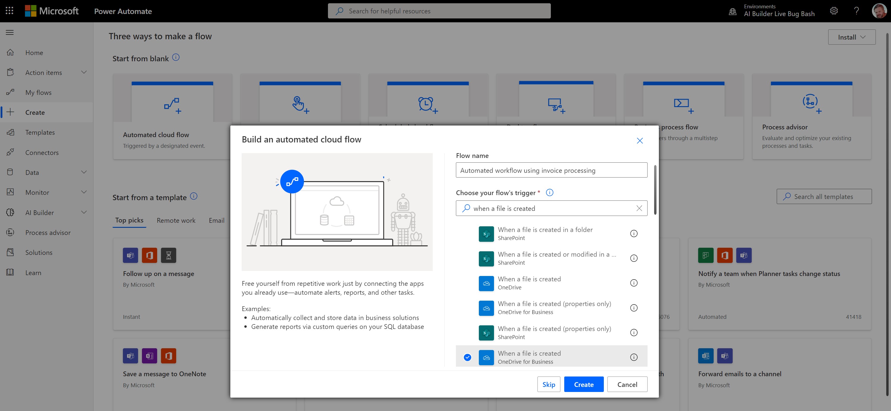 Build an automated flow dialog with When a file is created (OneDrive for Business) selected for the flow's trigger.