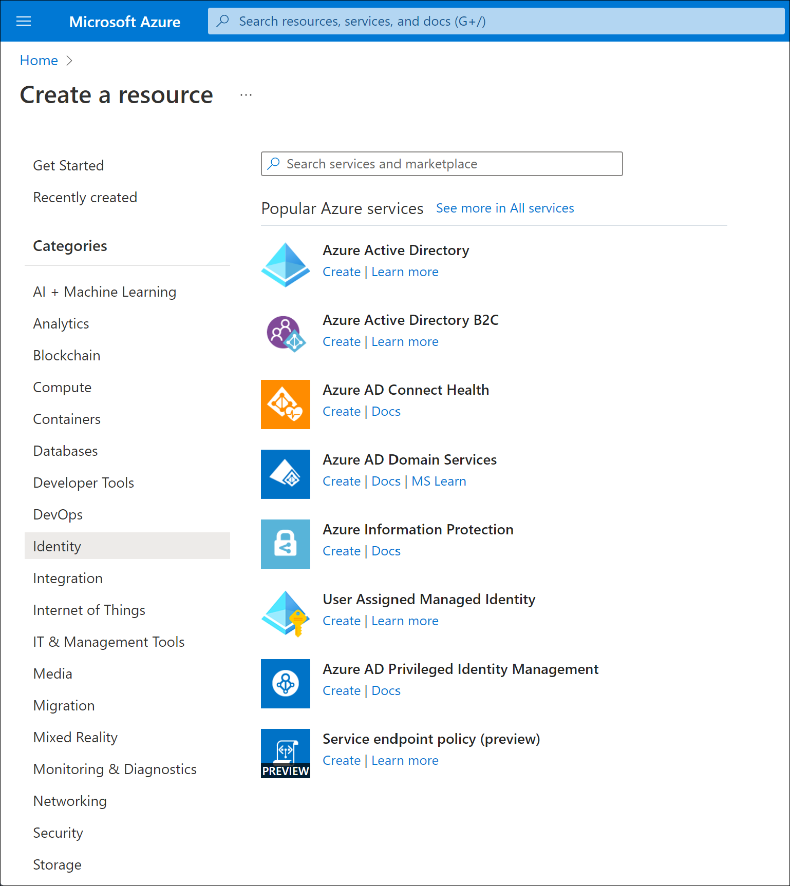 Screenshot that shows Microsoft Entra ID in the Azure Marketplace.