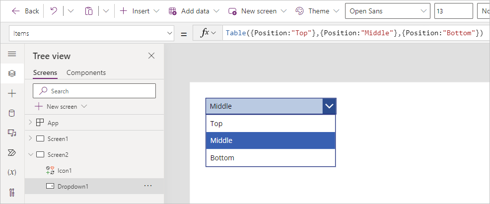 Screenshot of the dropdown control showing the values Top, Middle, and Bottom.