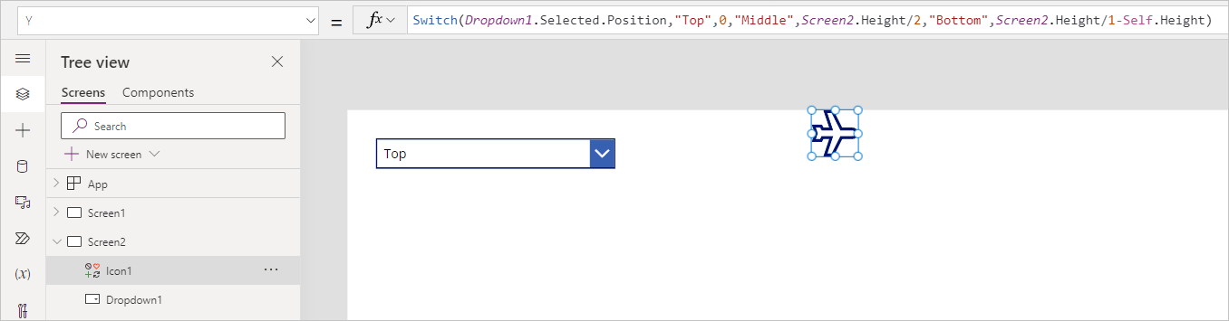 Screenshot of the Y Property in Power Apps.