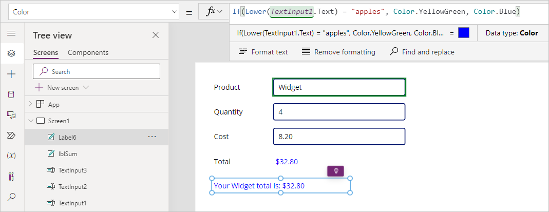 Screenshot of the Color value for the transaction summary label and the color displaying in the label as blue.