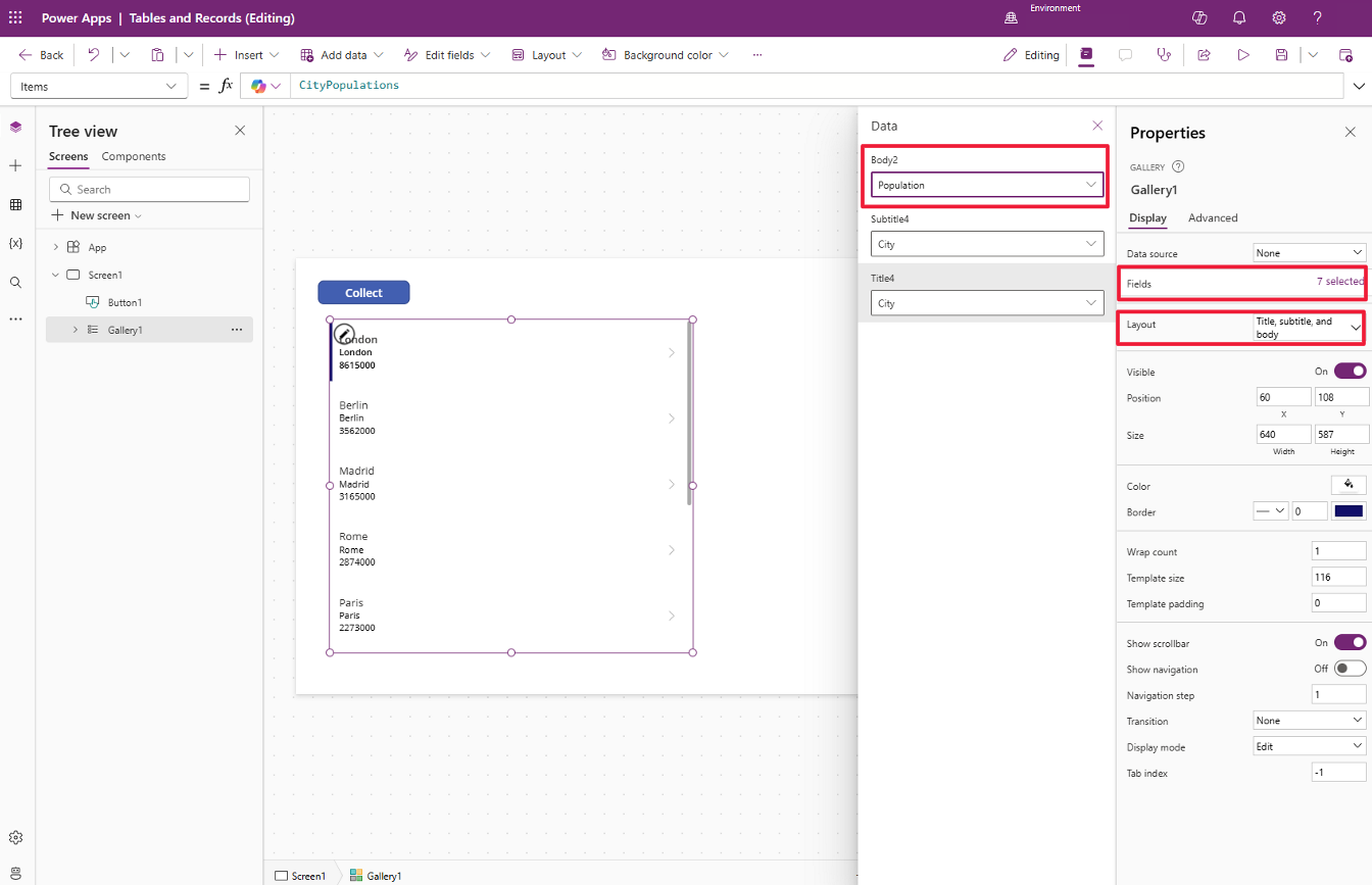 Screenshot of the new Gallery with highlights of the Data source and Fields options in the Properties panel and Population as the selected choice under Body1.