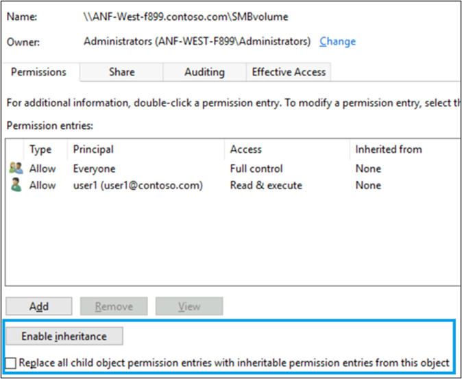 '상속 사용'이 강조 표시된 SMB 권한의 스크린샷