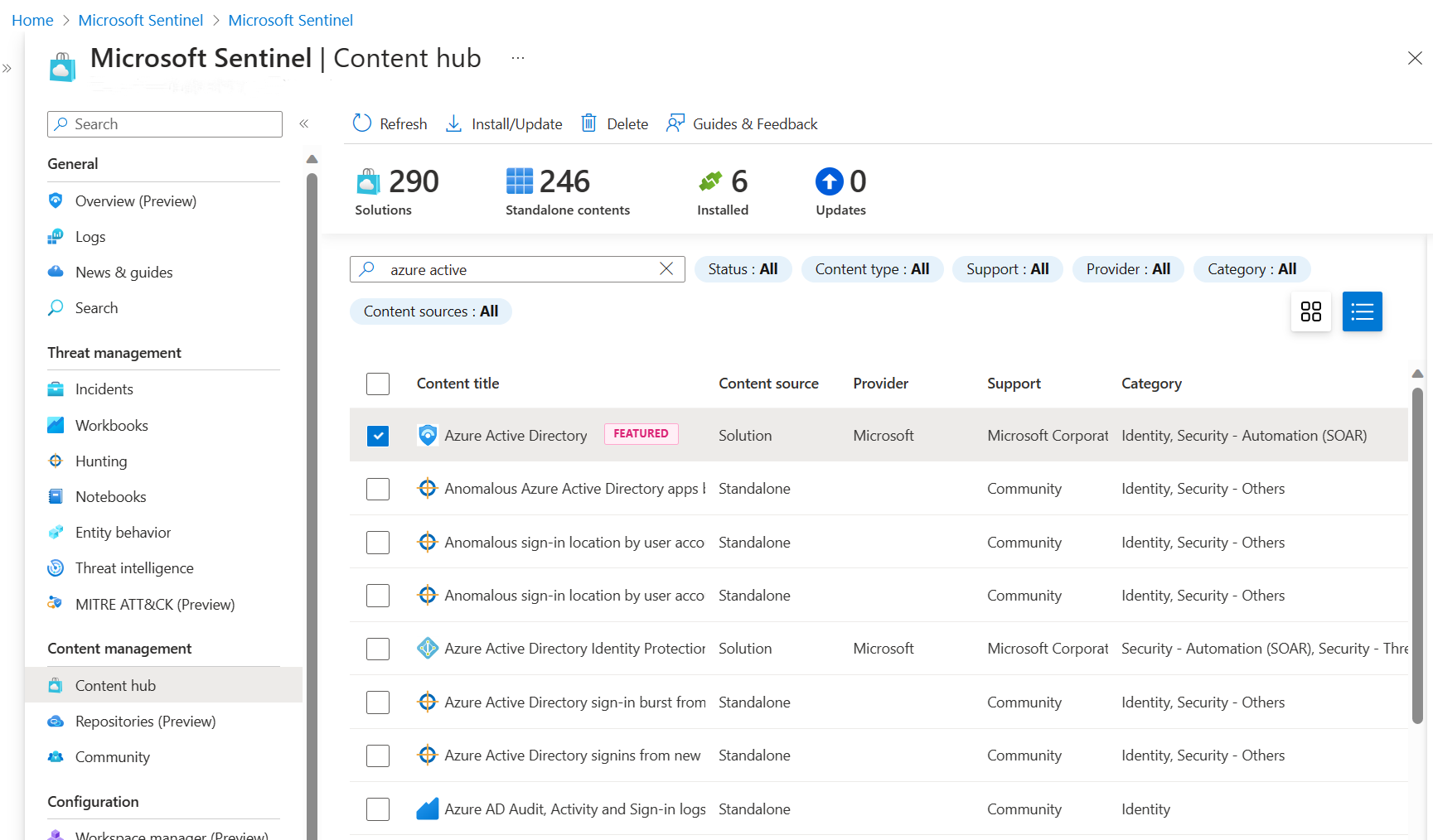 Screenshot of the content hub page with Microsoft Entra ID selected.