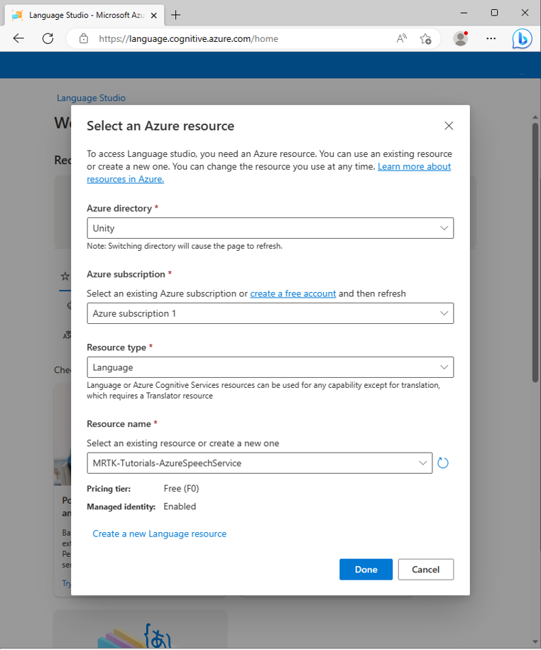 Screenshot showing the Select an Azure resource popup.