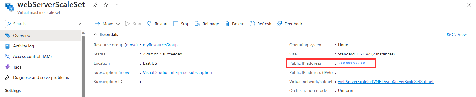 의 개요 페이지를 보여 주는 Azure Portal 스크린샷