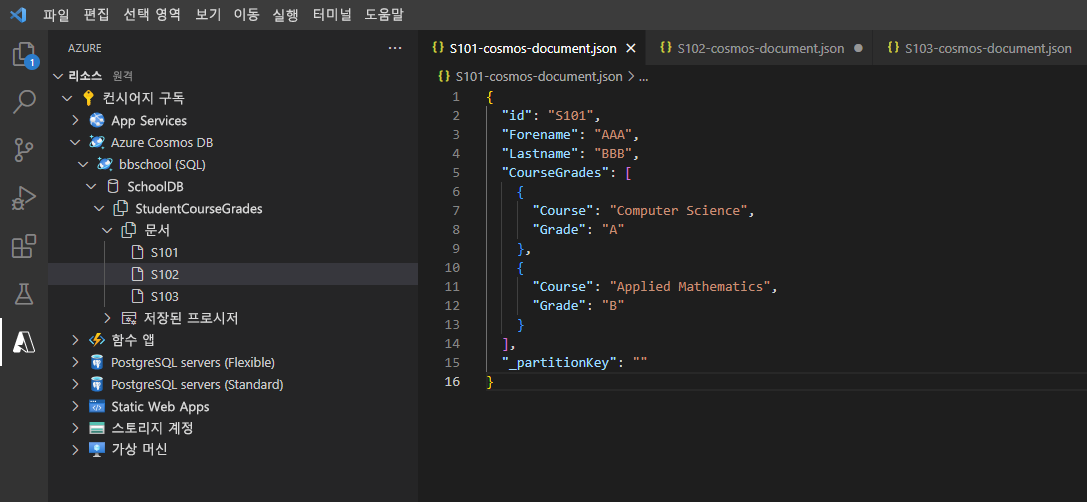Screenshot of the Azure Databases extension in Visual Studio Code as user right-clicks on the Documents node for a contextual menu to create a new document.