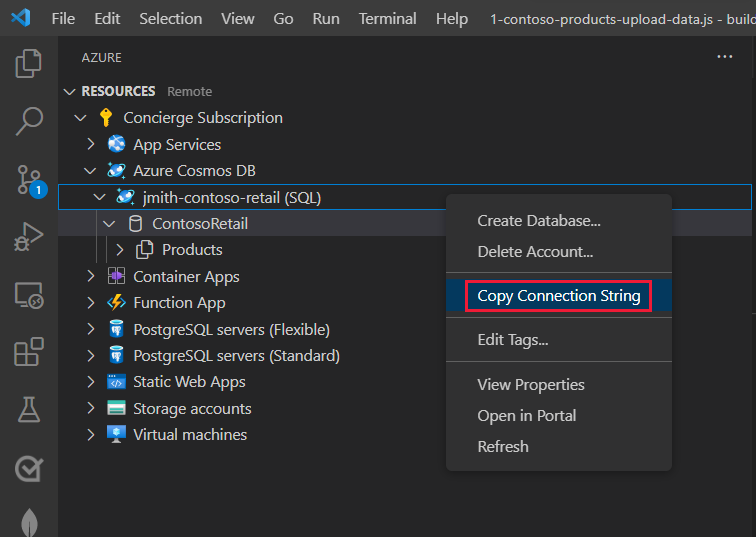 Cosmos DB 계정 이름이 선택되고 연결 문자열 복사 하위 메뉴가 강조 표시된 Visual Studio Code의 스크린샷.